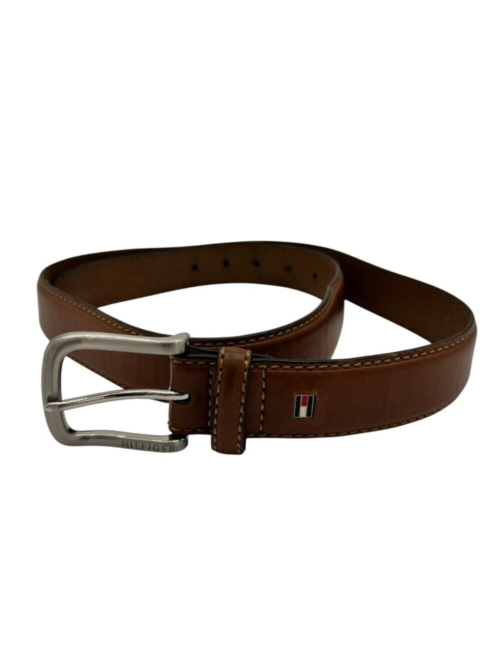 Tommy Hilfiger Brown Leather Stitch Buckle Belt Mens Classic Casual Minimalist